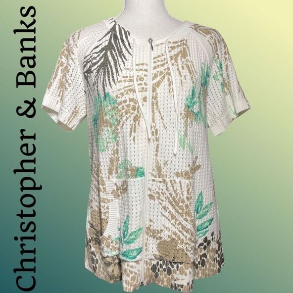 CHRISTOPHER & BANKS Hollowed Out Top w/ Zipper Closure, Palm Leaf Print, Size M - Picture 1 of 8